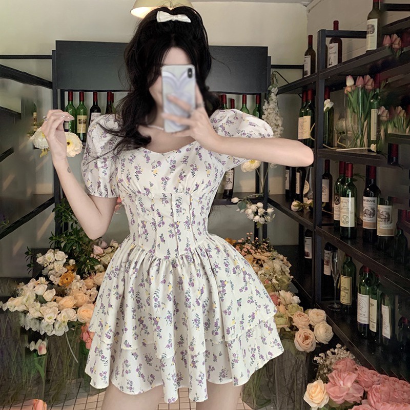 Đầm Tay Phồng Ngắn Cổ Vuông Ôm Eo In Họa Tiết Kiểu Retro Hàn Quốc Xinh Xắn Cho Nữ