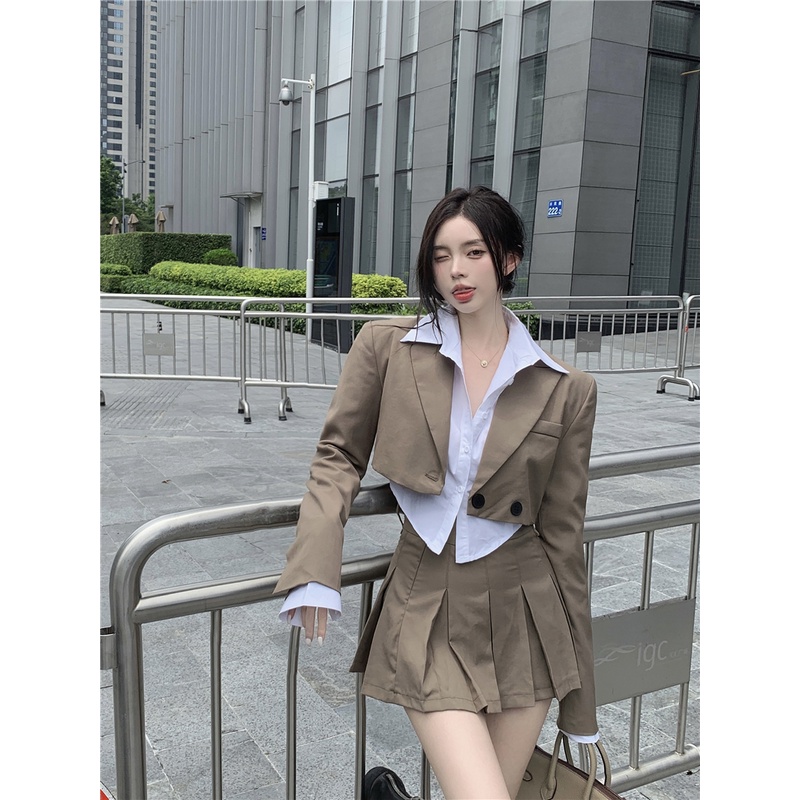 Set Áo Khoác Kaki Tay Dài + Chân Váy Xếp Ly + Áo Sơ Mi Trắng Tay Dài Thời Trang Cho Nữ