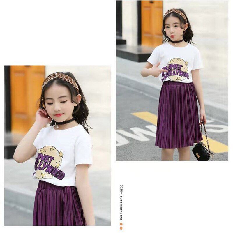 Bộ Áo Thun Cotton + Chân Váy Xếp Ly Dài Qua Gối Thời Trang Mùa Hè Cho Bé Gái 5-12 Tuổi