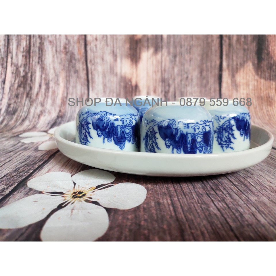 Bộ 6 chén trà men lam cao 4 cm có khay tròn