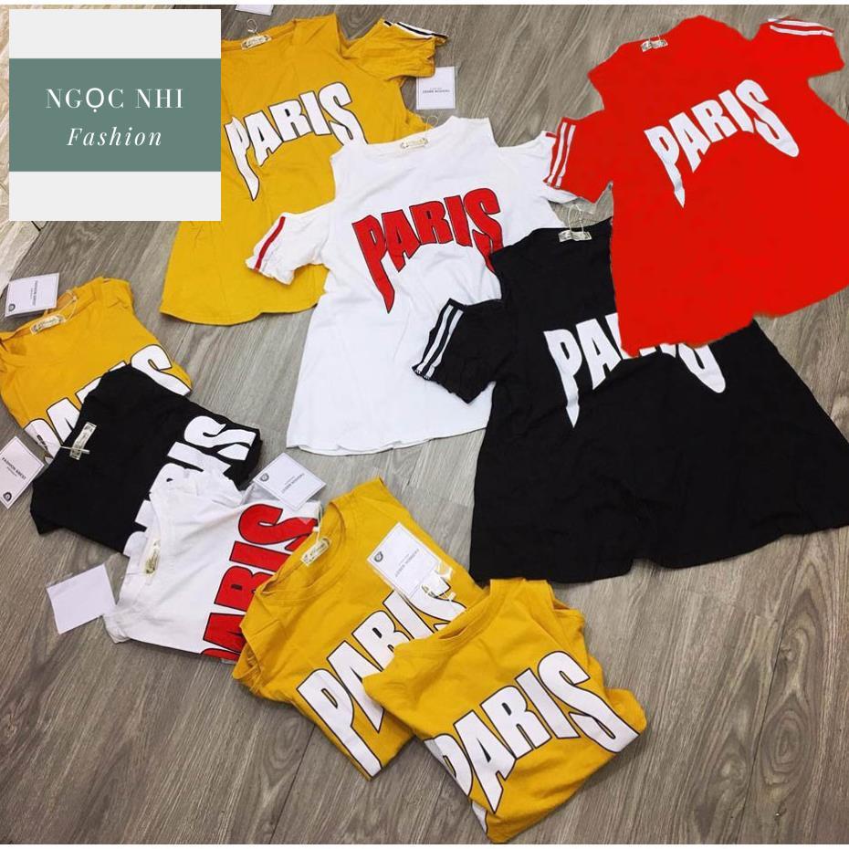 Áo thun bé gái kiểu dáng cánh dơi, hở vai, form xòe rộng, in chữ .