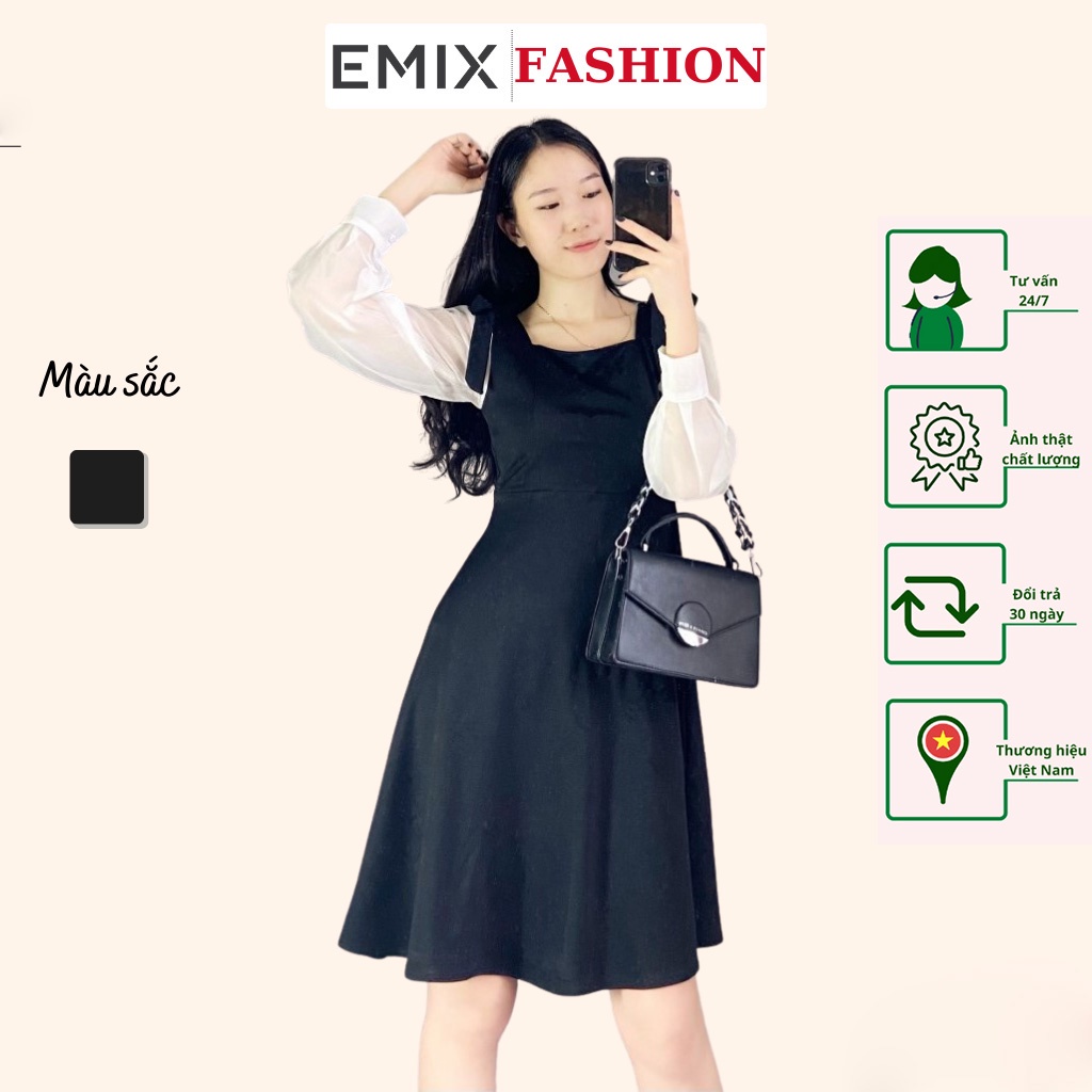 Váy công sở chữ A bồng xỏe EMIX (màu đen), dáng dài, tay voan, nơ vai, cổ vuông, vải umi co giãn thoải mái, mềm mịn