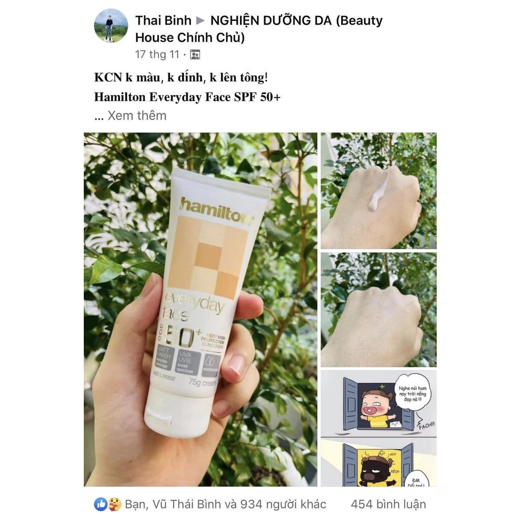 Kem chống nắng cho da mặt Hamilton everyday face spf 50+ 75g nội địa Úc