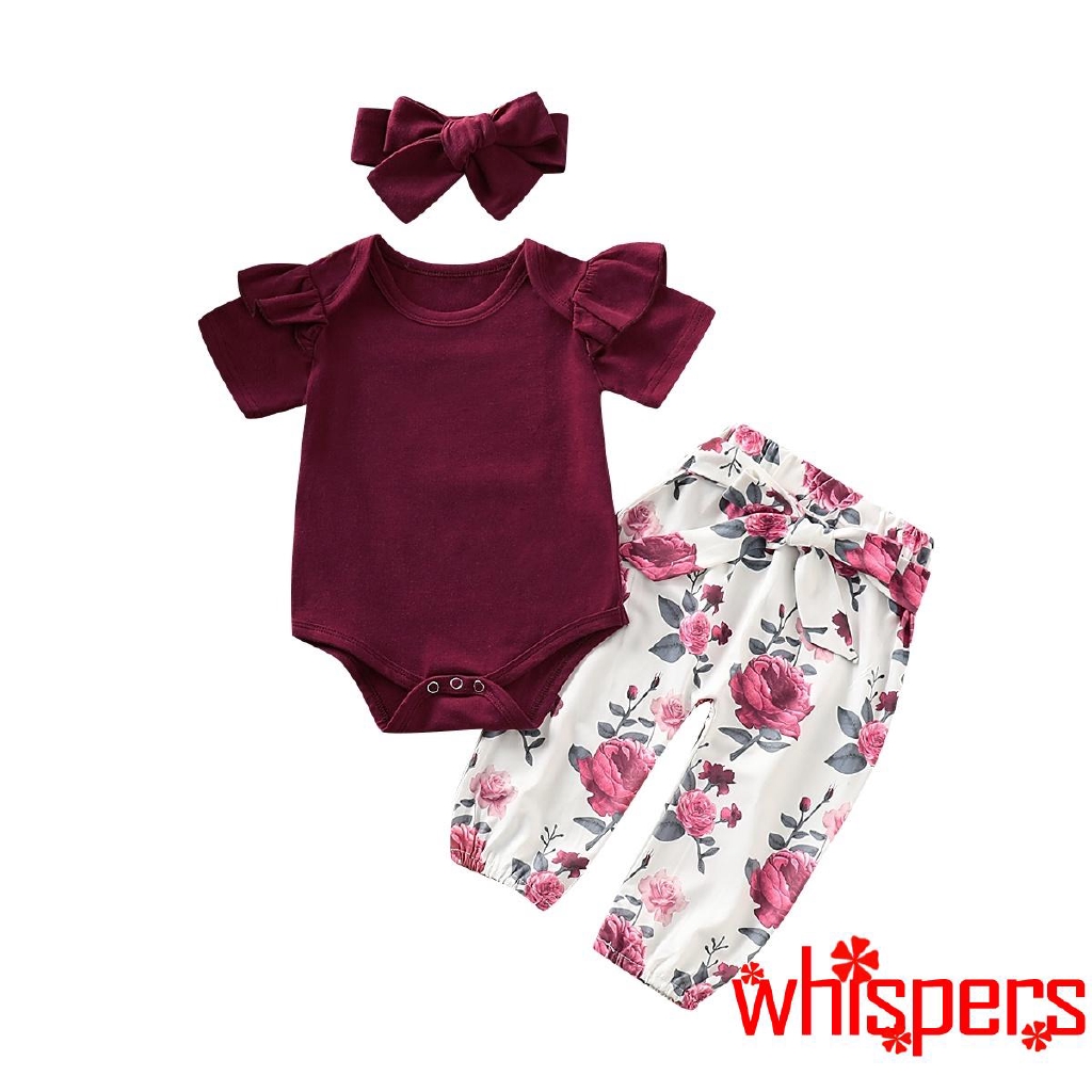 Bộ bodysuit một mảnh + quần dài + băng đô hình hoa dễ thương cho bé sơ sinh