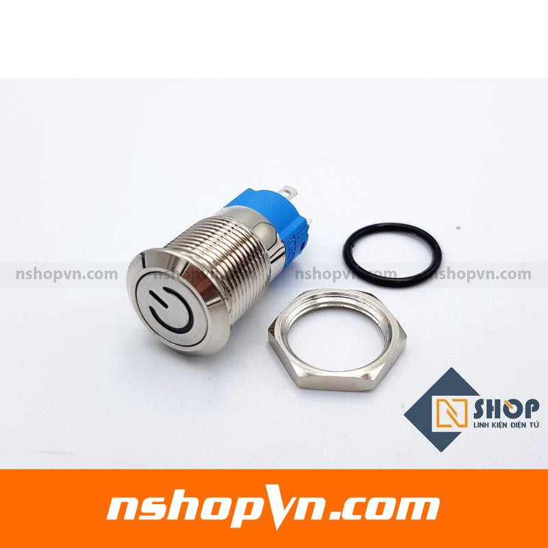 Nút nguồn kim loại 12mm có đèn Mặt nút nhấn dạng phẳng, chống nước nhẹ, nút giữ nguyên trạng thái khi thả tay ra