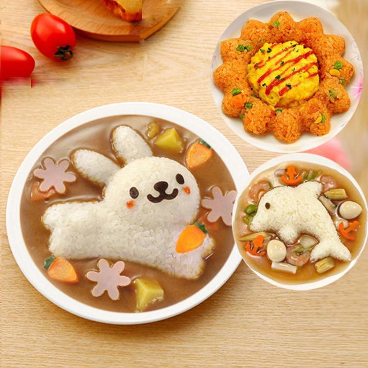 Khuôn ép cơm bento hình cá heo, thỏ, hoa và khuôn cắt tạo hình rau củ quả