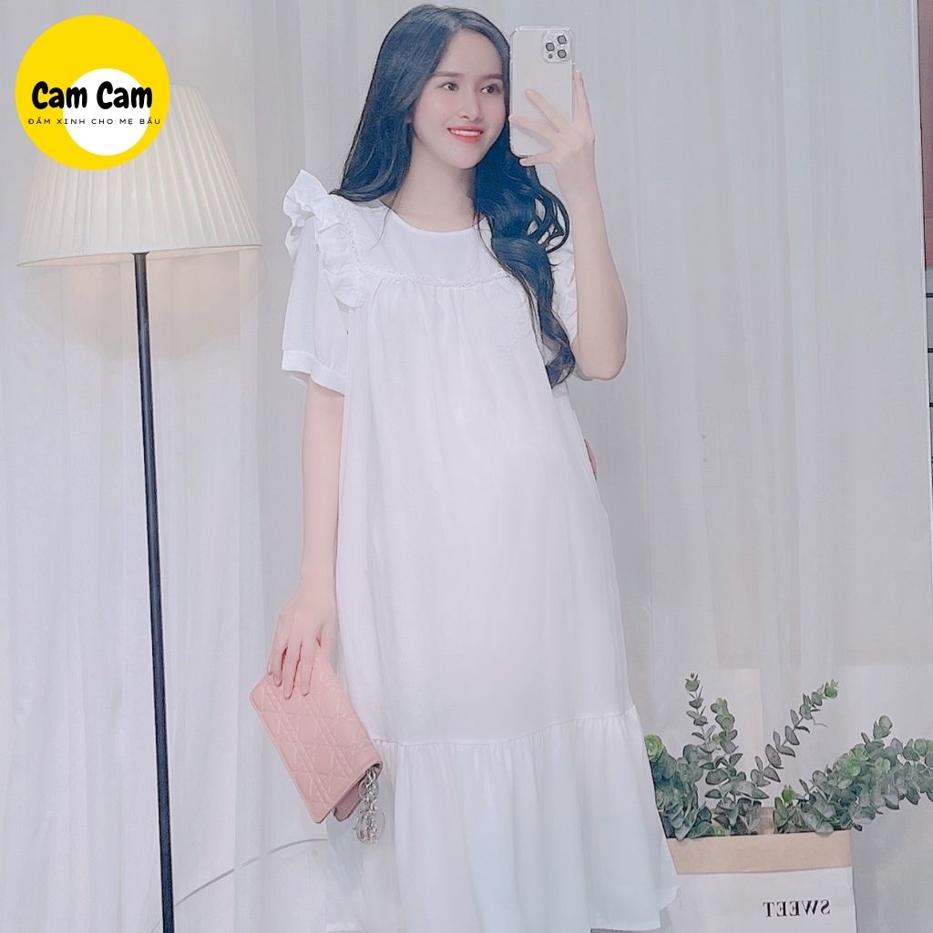 Đầm bầu xinh SALE SOCKĐầm bầu dự tiệc, cách tầng trắng xinh, vai bèo, tay phồng, mã ĐB1008