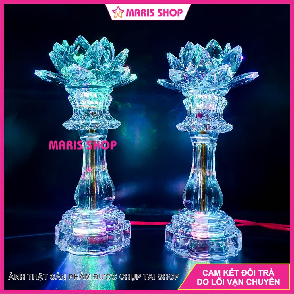 Đèn Bàn Thờ Sen PHA LÊ Cao Cấp Nguyên Khối Phát Sáng Toàn Thân Cao 26cm Sử Dụng Mạch LED Cao Cấp