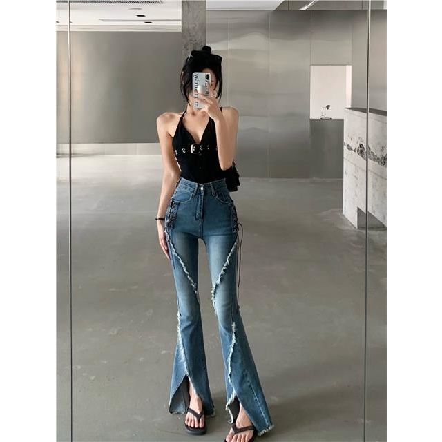Quần Jeans Xẻ Tà Lưng Cao Thời Trang Dành Cho Nữ