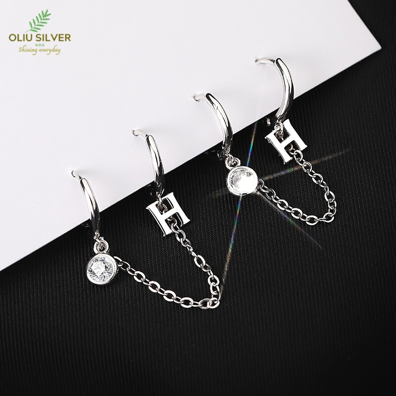 Bông Tai Bạc S925 Chữ H Dạng Khoen Tròn Hai Lỗ Xỏ Đính Đá Zircon Trẻ Trung Cá Tính | Khuyên Tai Nữ Trang Sức Bạc 925