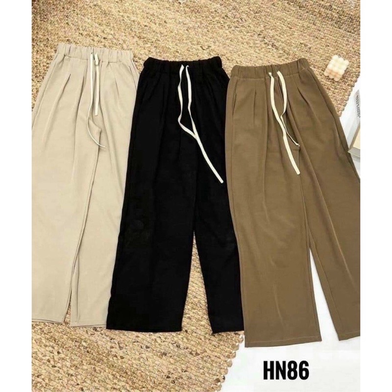 Quần ống rộng nữ cạp chun thun lưng cạp cao DÂY RÚT dáng suông dài