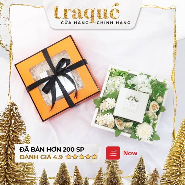 [3 màu - 6 mẫu hoa trang trí] Hộp quà hình vuông viền kim vàng + giấy lót rơm & ruy băng gói quà tặng sinh nhật, tân gia