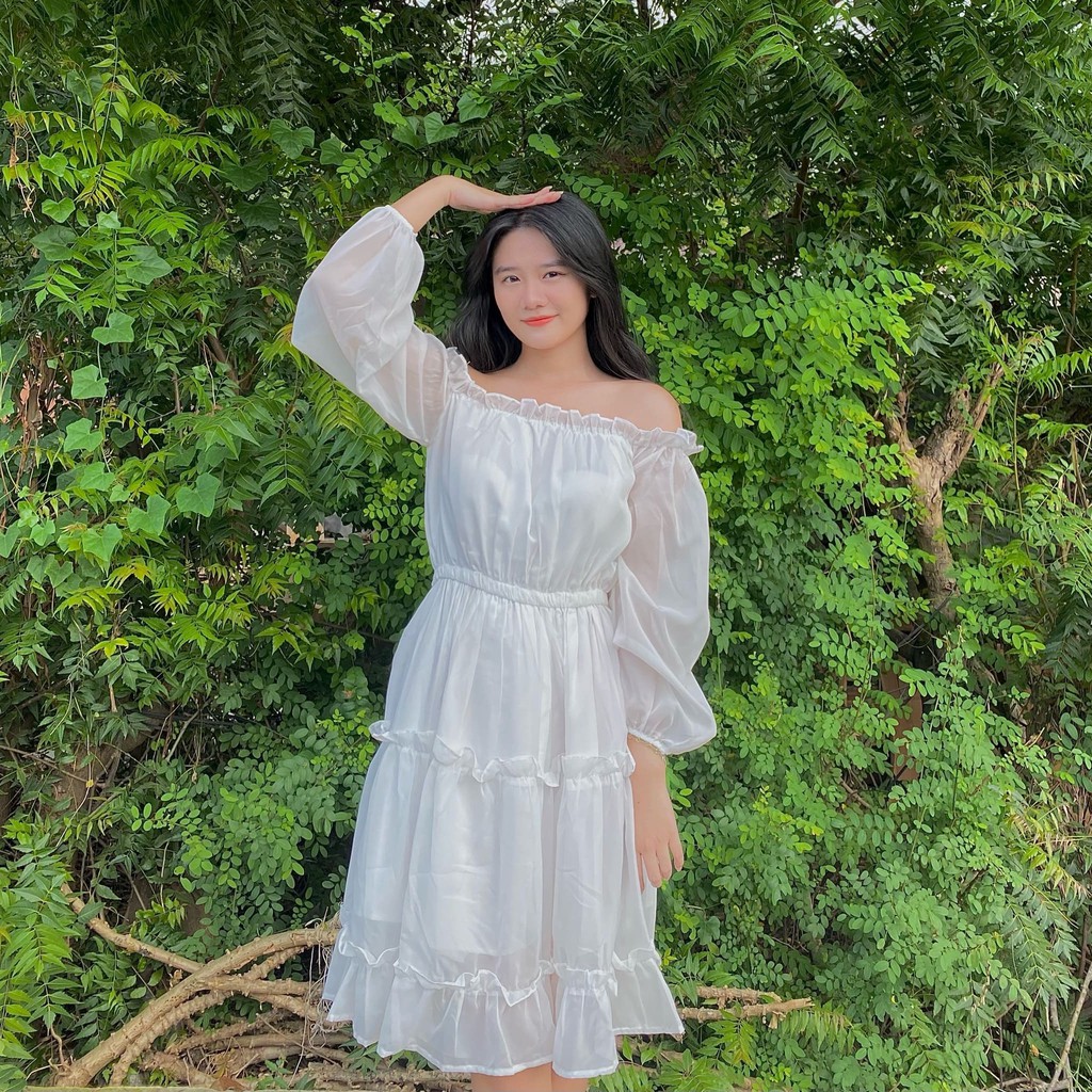 Váy Trễ Vai Dáng Xoè Voan Tơ Xếp Tầng, Váy Trắng Tiểu Thư Kỉ Yếu Prom Dự Tiệc Xinh Xắn (Mặc được 2 kiểu) | BigBuy360 - bigbuy360.vn