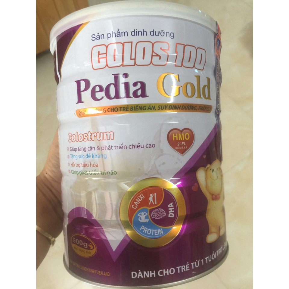 Sữa bột Colos 100 Pedia Gold 900g dành cho trẻ suy dinh dưỡng, thấp còi, biếng ăn, nhẹ cân.