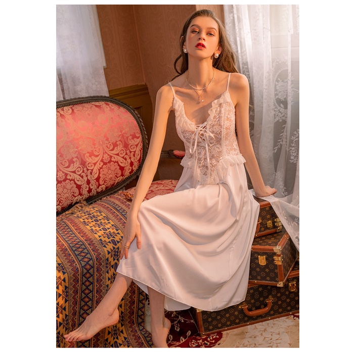 Princess Lace Satin Fashion Nightdress+T Pant Sexy Light Luxurious V-Neck Sleepwear