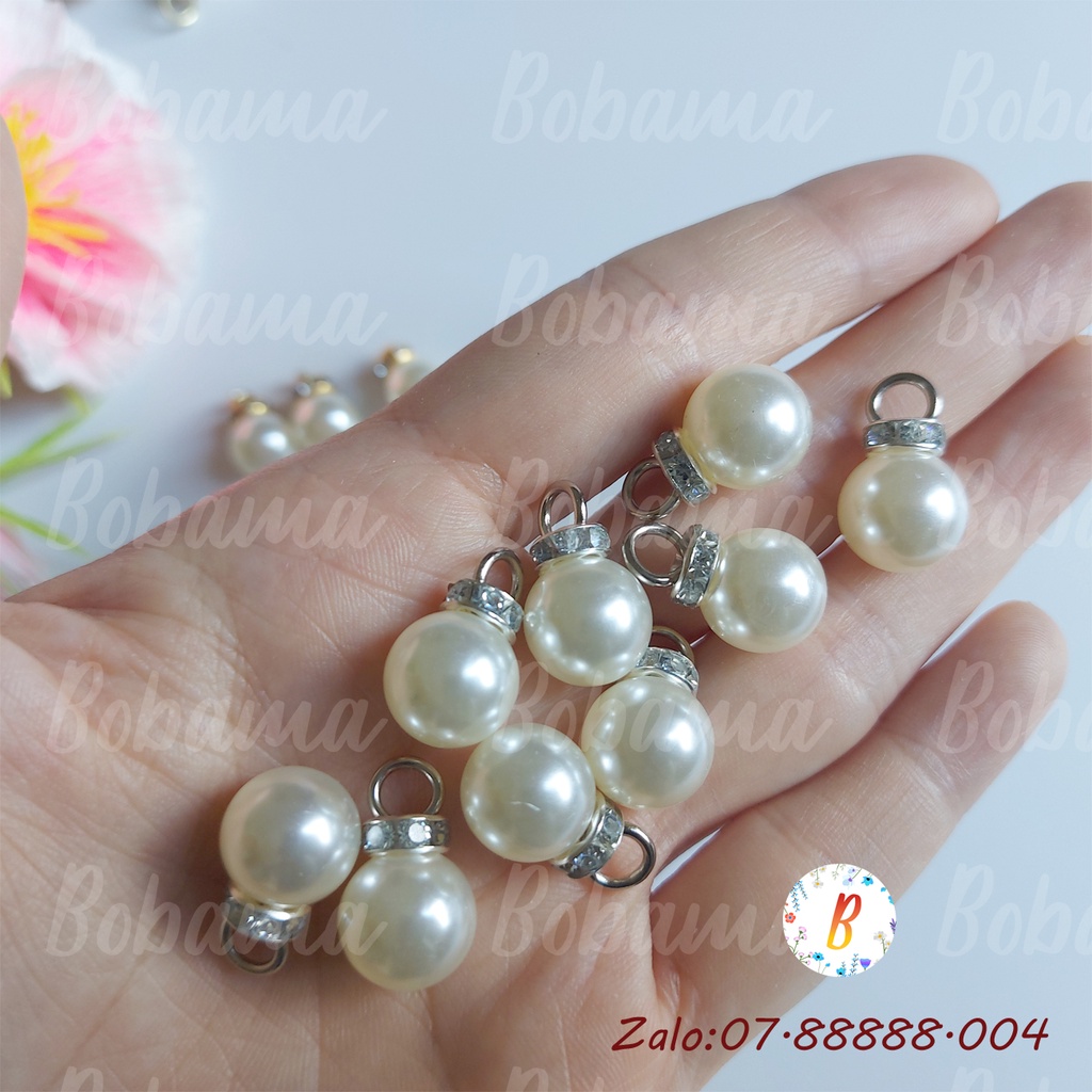 SET 5 HẠT - Hạt trai treo có khoen đính xoàn màu bạc và vàng