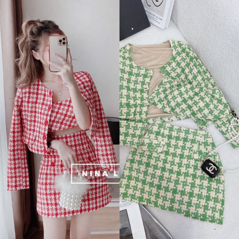 Hình Thật - Set Dạ 3 Món Màu Xanh - Đen - Đỏ (Chân Váy + Khoác Croptop + Bra Croptop) 💗 Beleza