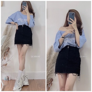 2101303 Chân váy bò ulzzang co giãn chất jeans mềm có lót trong màu đen trơn có size