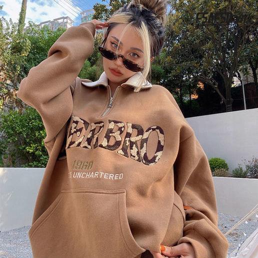 Áo Nỉ Có Khóa Kéo Cổ polo Cỡ Lớn Thêu Họa Tiết Màu Sắc Tương Phản Phong Cách Retro Mỹ Cho Nữ