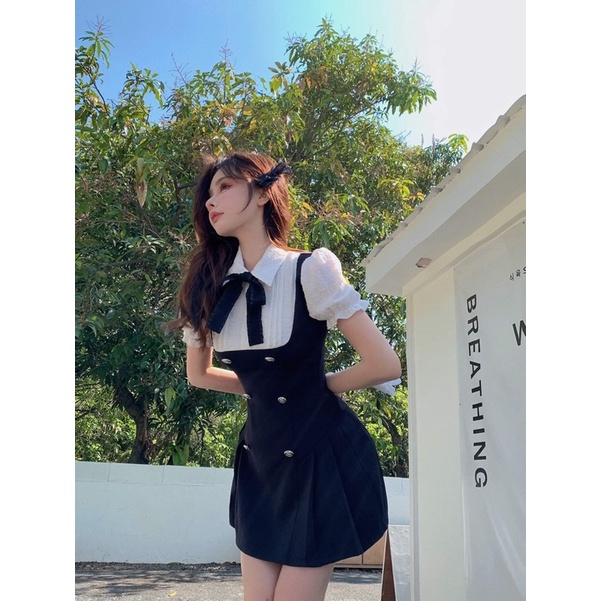 Váy sơ mi phối màu đen trắng cổ polo ngắn tay chiết eo