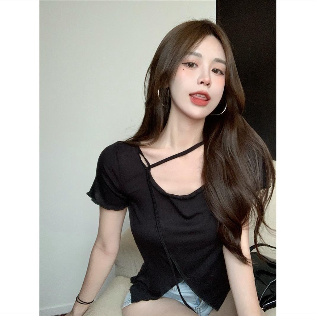 Short sleeve top short sleeve T-shirt plain T-shirt fashionable irregular design small public exposure clavicle bandage Pink Short Sleeve Top 2021 summer new