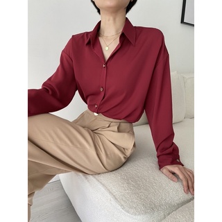 Áo sơ mi lụa nữ đẹp kiều công sở KHÀN form rộng tay dài freesize màu đỏ
