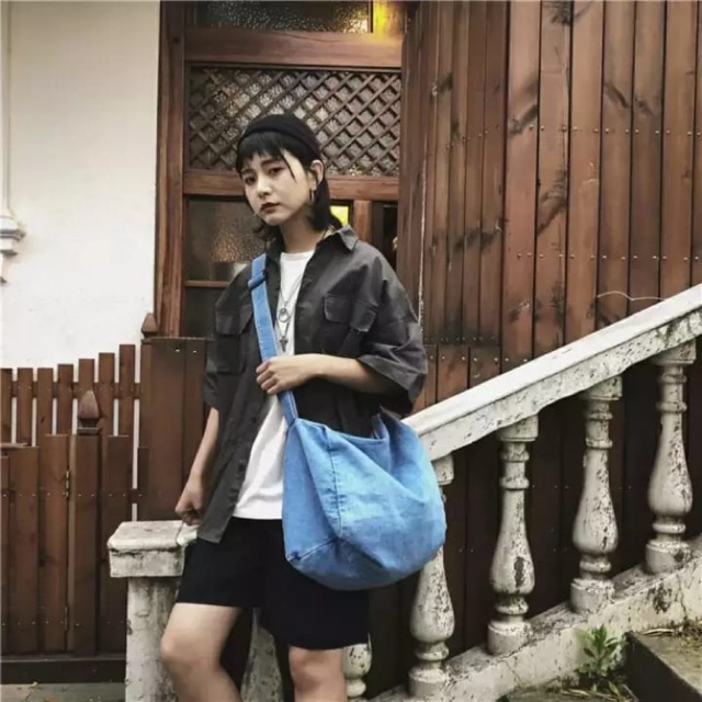 Túi Đeo Chéo Vải Jean Phong Cách Hàn Quốc Cho Nam Nữ