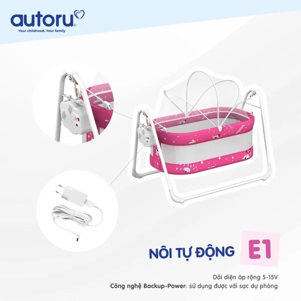 Nôi điện tự động Autoru E-1 cho em bé kèm mùn chụp-BH 12 tháng