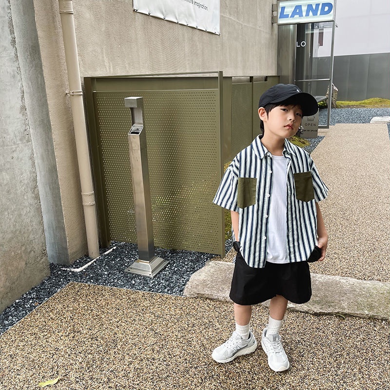 Áo Sơ Mi Cotton Ngắn Tay Họa Tiết Kẻ Sọc Thời Trang Mùa Hè Cho Bé Trai