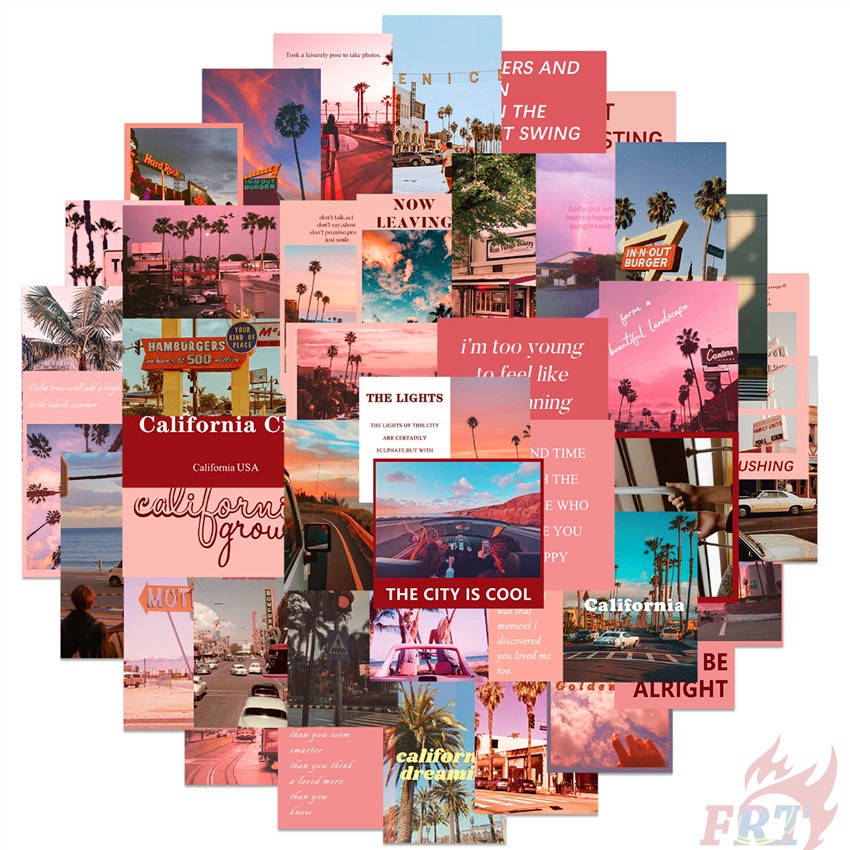 ❉ Bộ 01 Miếng Dán Hình Phong Cảnh Đường Phố California Màu Hồng Lãng Mạn ❉ Set 50 Sticker Họa Tiết Đa Dạng Hợp Thời Trang