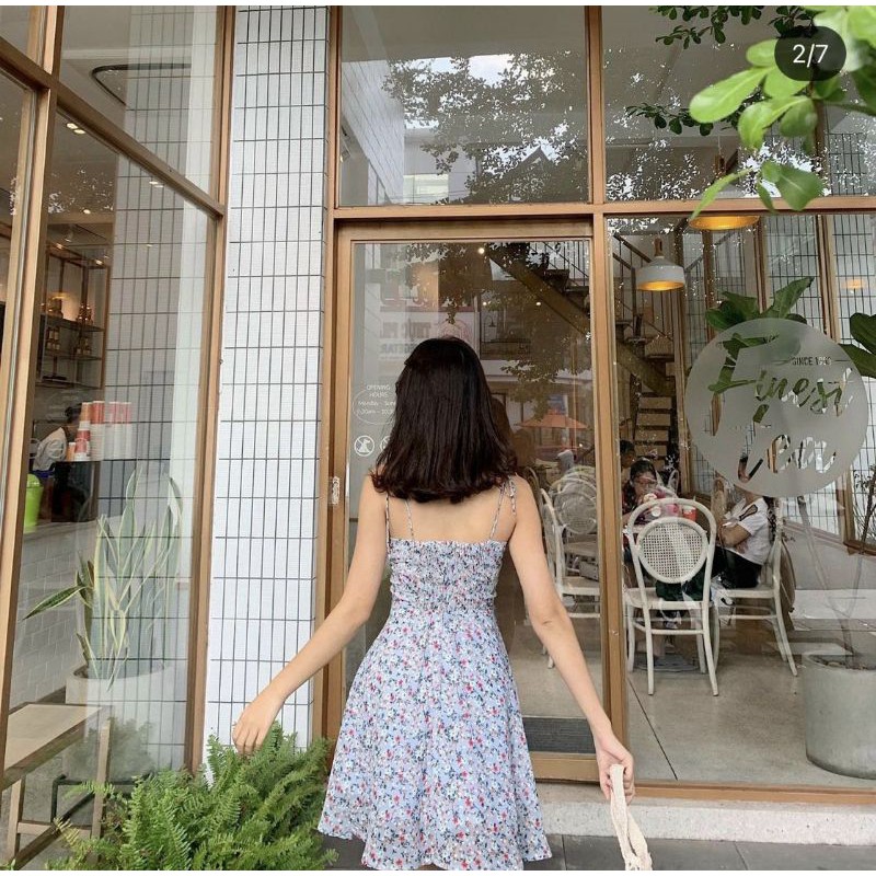 ĐẦM HOA XANH 2S NHÍU NGỰC THẮT NƠ VAI