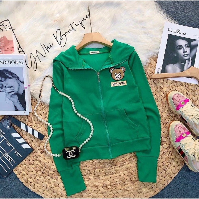 Áo Khoác Nữ Thun Gân Thêu Hình Gấu Hàng Mới