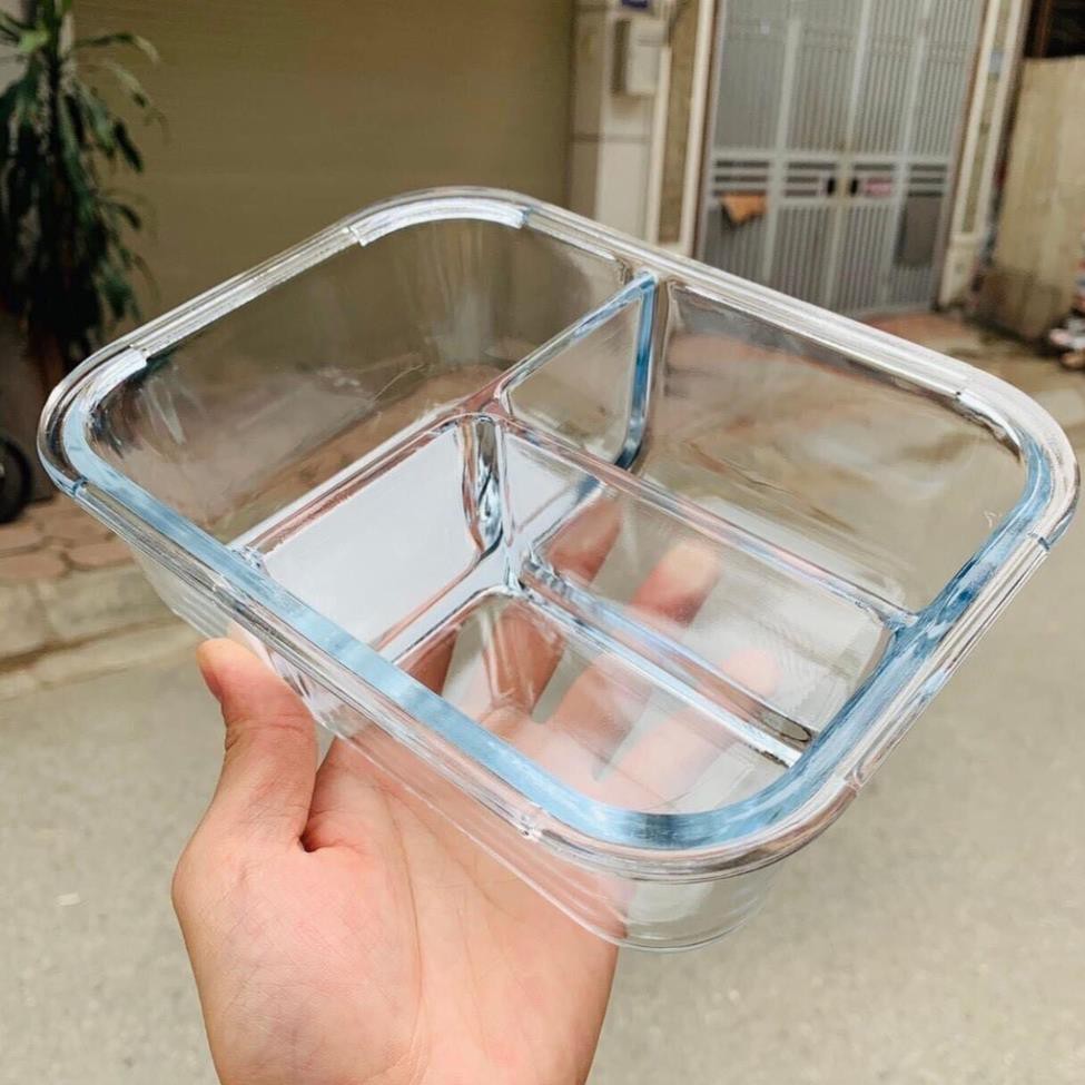 Hộp Cơm Văn Phòng 3 Ngăn Chất Liệu Thủy Tinh Cao Cấp An Toàn 1000ml Quay Lò Vi Sóng