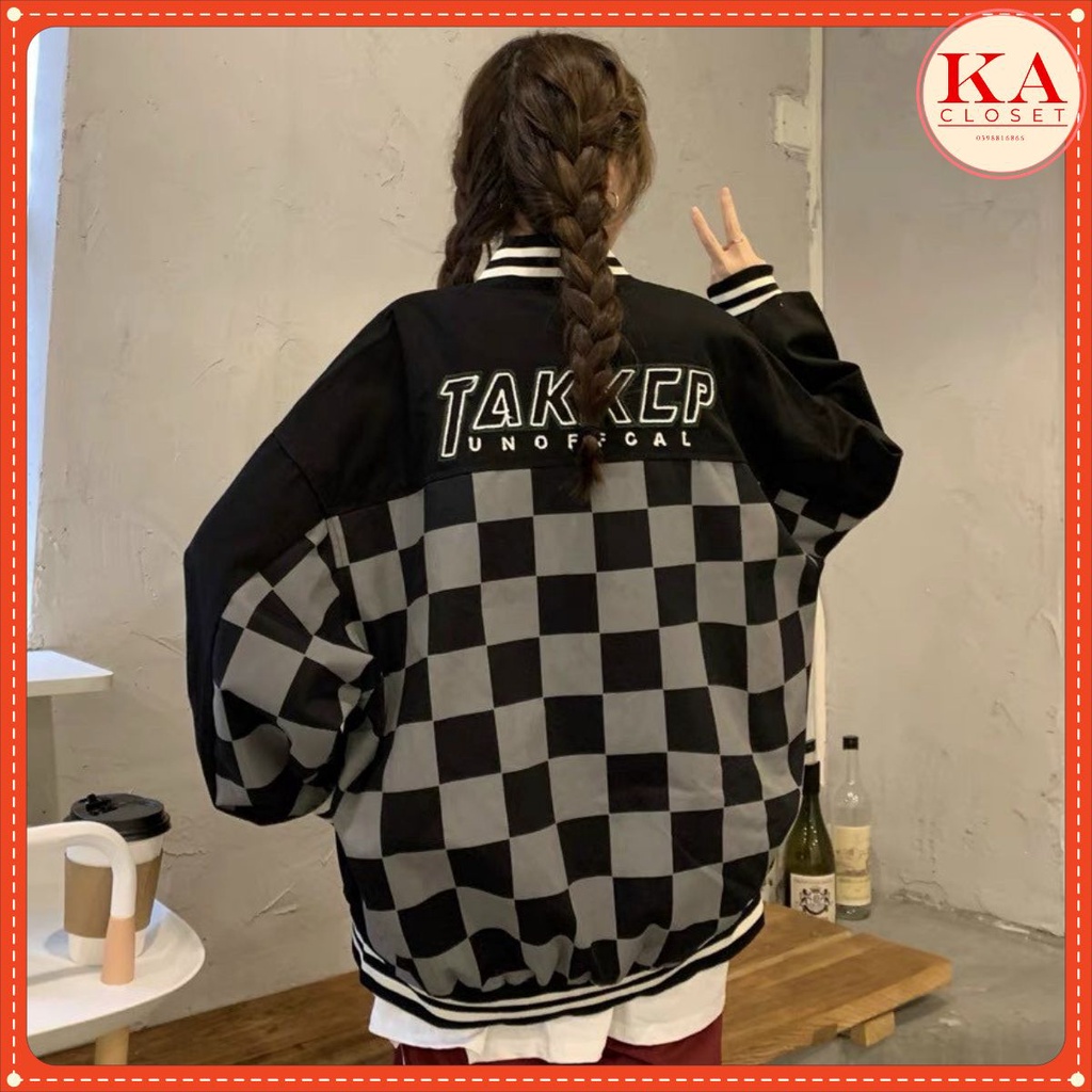 Áo khoác bàn cờ KA Closet chất nỉ ngoại dầy đẹp from to nam nữ mặc được, bomber cúc đóng, takken