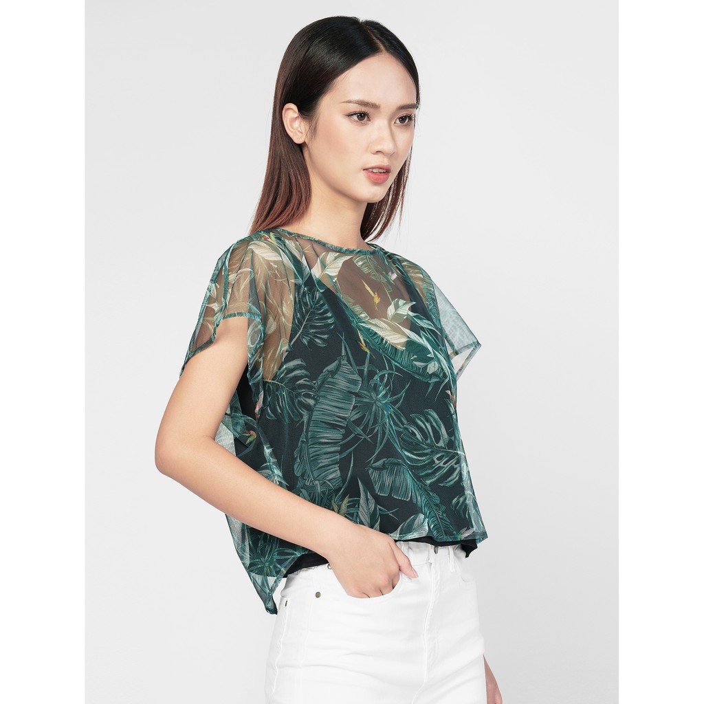 Áo kiểu nữ lưới in hoa lá tay liền CANIFA