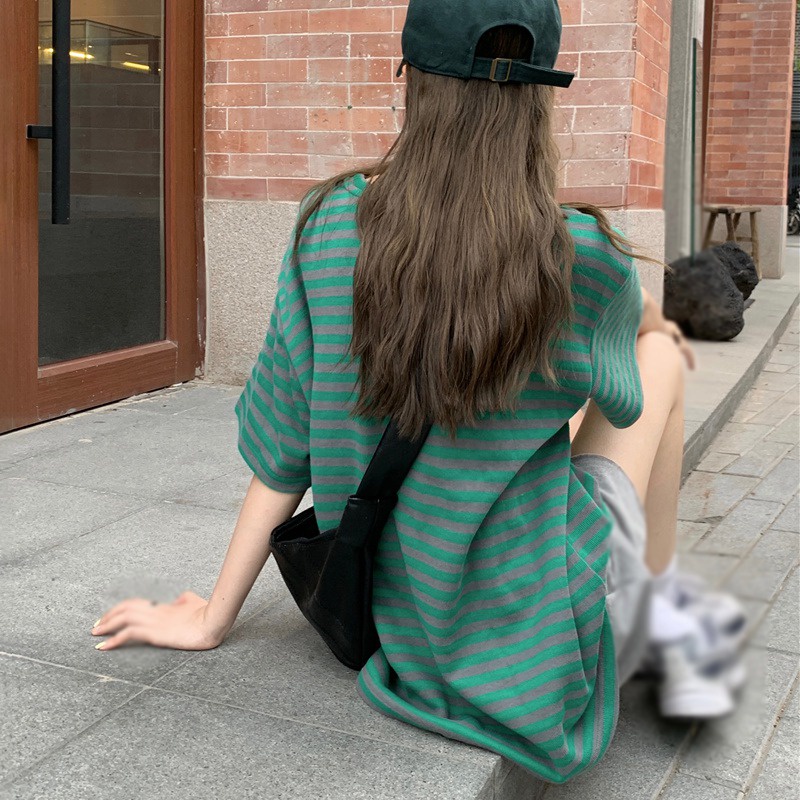 Áo Thun Tay Ngắn Dáng Rộng Họa Tiết Kẻ Sọc Phong Cách Hàn Quốc Thời Trang Mùa Hè Cho Nữ