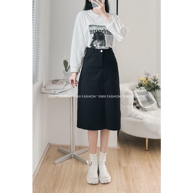 Chân váy jean chữ A EMIX, midi xẻ sau dáng dài, cạp cao, chất jeans mềm 6701