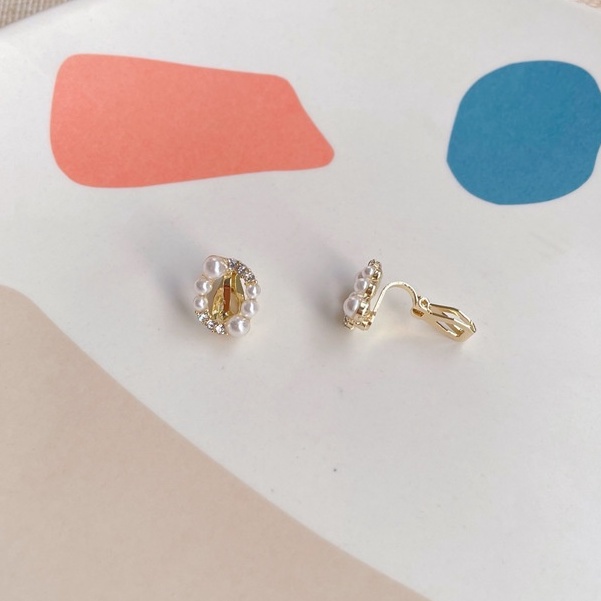 Khuyên tai kẹp không bấm lỗ chốt cố định K182 bằng hợp kim mạ vàng hình khối đính hạt trai dáng ngắn Leous Accessories