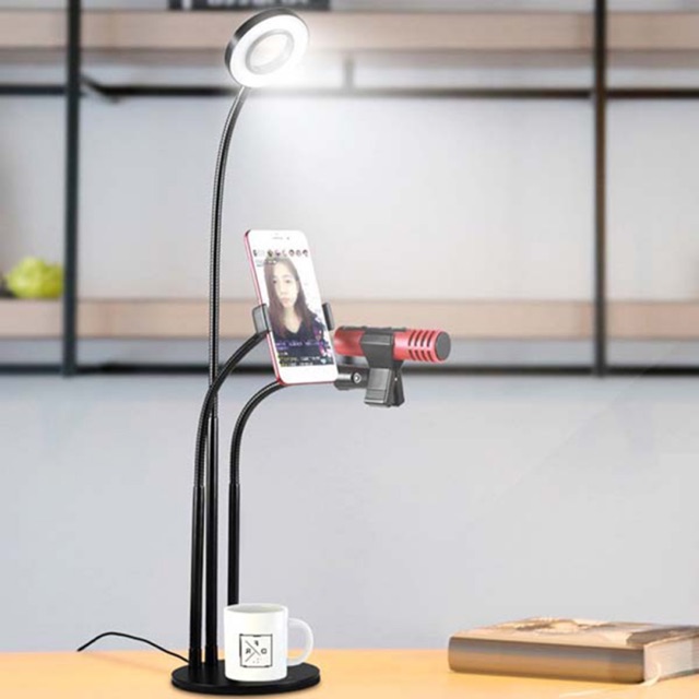 Đèn led livestream 3in1 kèm kẹp điện thoại và kẹp mic