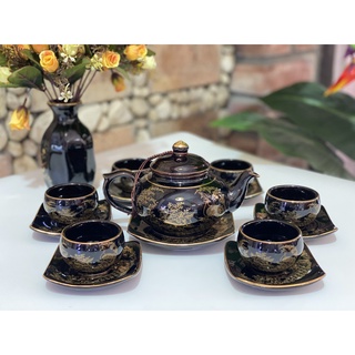 Bộ ấm chén dáng cổ vẽ vàng gốm bát tràng