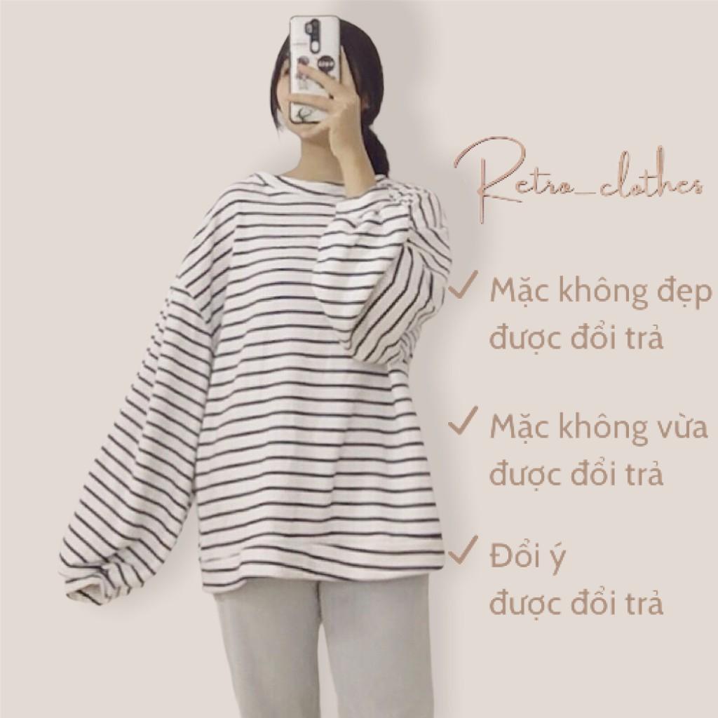 🍂 [Ảnh thật/Tự chụp] Áo kẻ ngang nữ form rộng tay dài basic phong cách Hàn xẻng | BigBuy360 - bigbuy360.vn