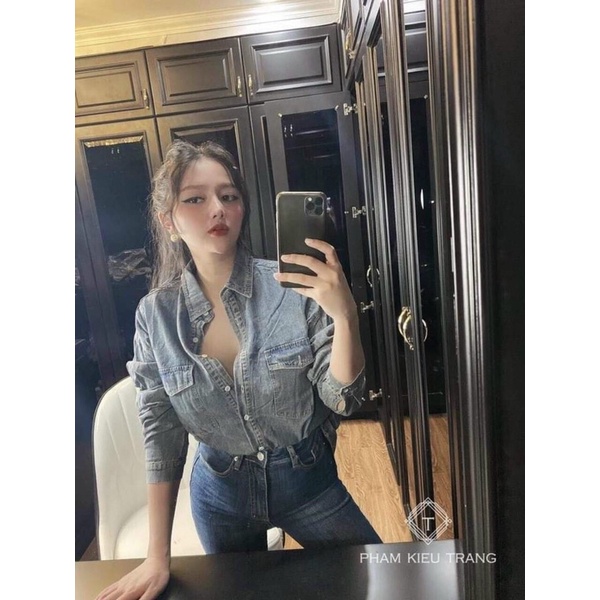 Áo sơ mi jean 2 túi nắp tay dài phối nhiều style