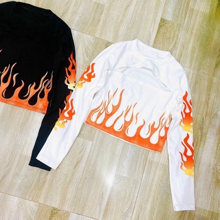 Áo thun borip tay dài cut out ngực in ngọn lửa cháy rực phong cách bụi TTSA1201