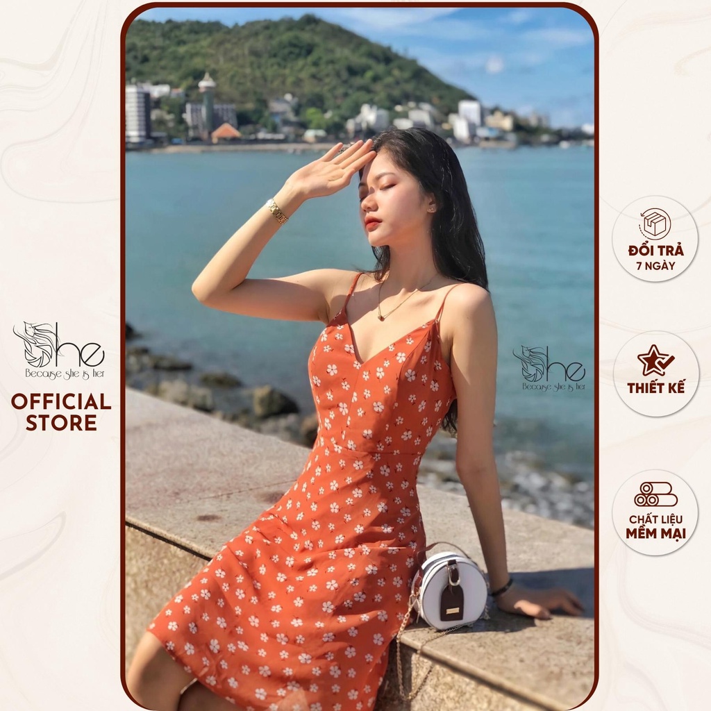 Váy 2 dây hoa nhí voan xinh She, Đầm váy đi biển mút ngực dễ thương nữ SDX114