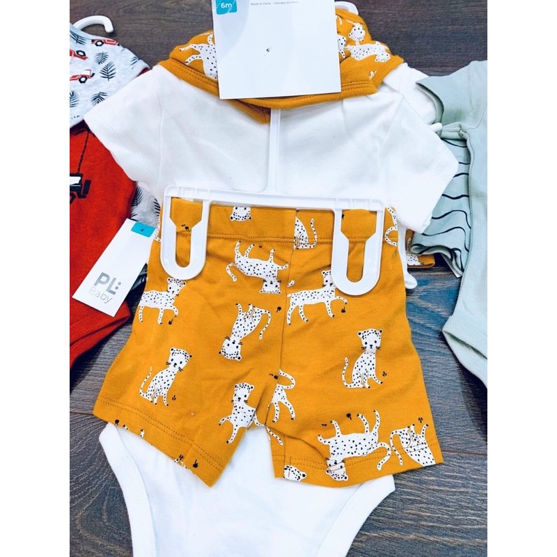 Set 3 món bodysuit cộc tay quần short yếm tam giác PL Baby cho bé 0-9 tháng