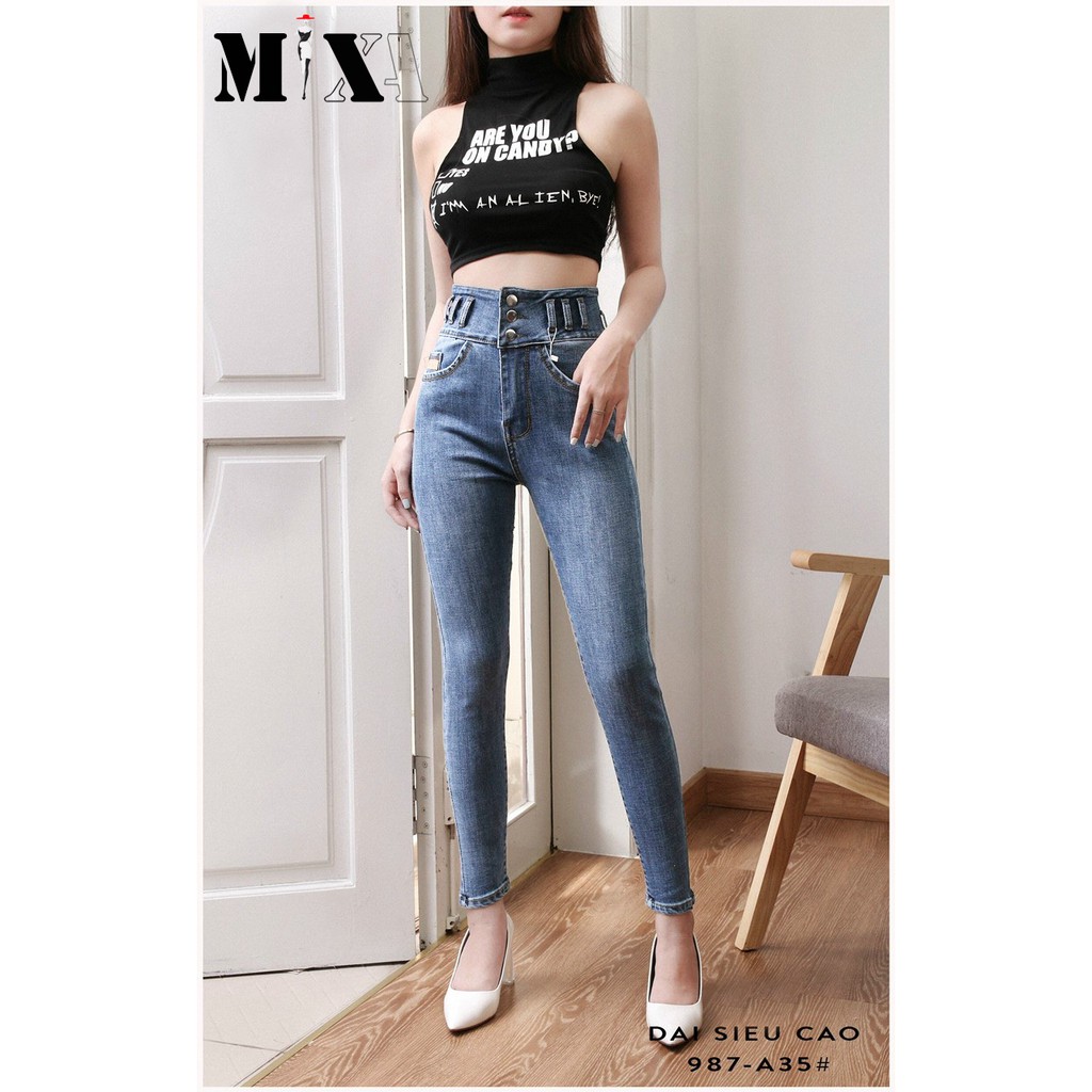 Quần jeans skinny cạp cao 3 cúc dài 98cm (có bigsize) - quần bò lưng siêu cao co giãn