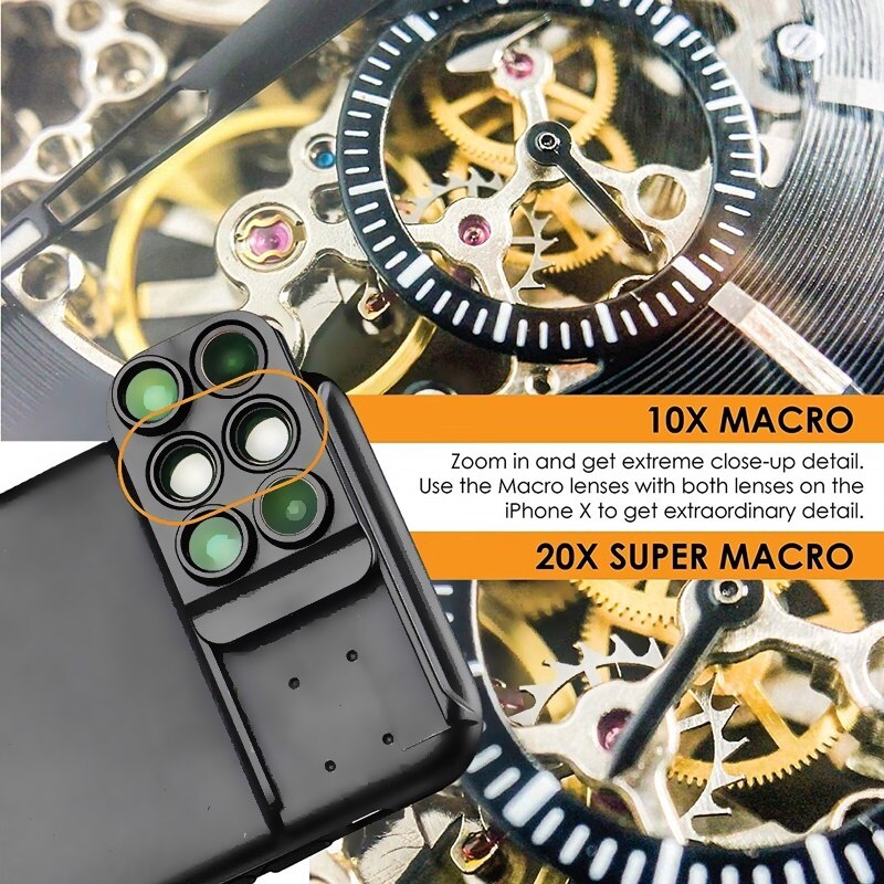Lens Case for Apple iPhone X: 6 in 1 Dual Optics Lens Kit (180°Fisheye, 2X Telephoto,120° Wide-Angle, 10X/20X Macro)