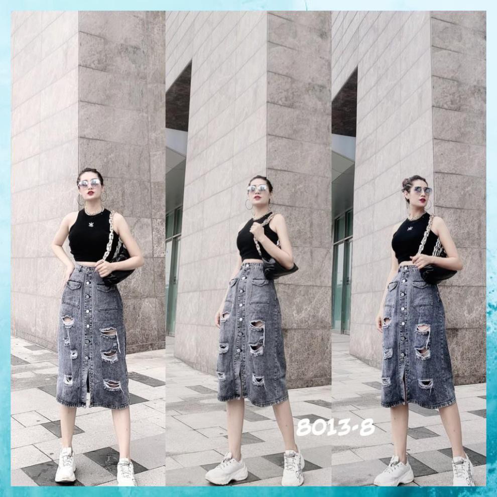 Chân váy jeans dáng dài, chân váy bò rách lưng cao túi nắp 1 khuy. Mã V0145