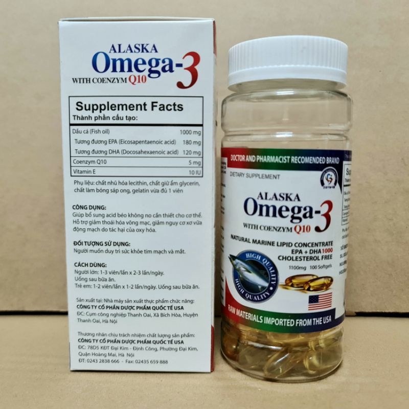 Dầu cá Alaska omega 3 with coenzym Q10 hộp màu trắng gia đình Hộp 100 viên