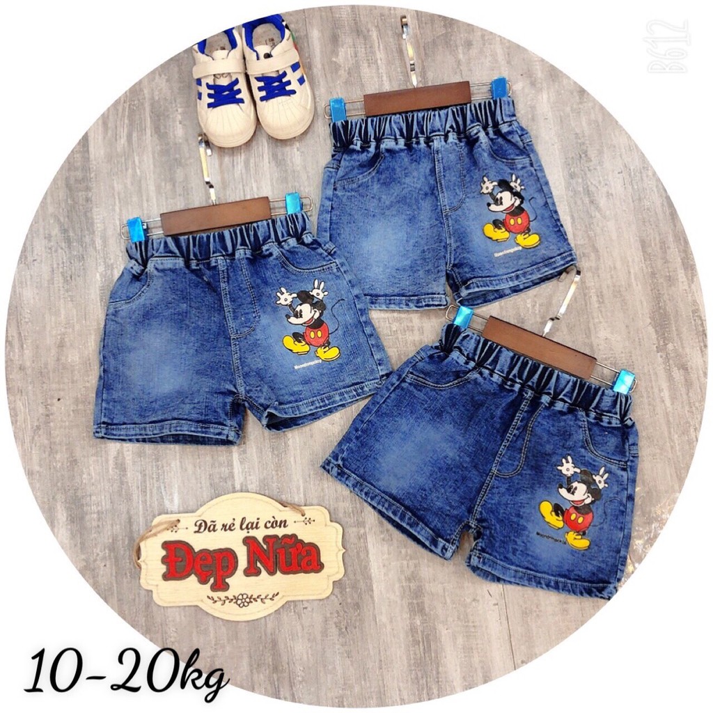 Quần short jean cho bé ⚡𝐇𝐀̀𝐍𝐆 𝐂𝐀𝐎 𝐂𝐀̂́𝐏⚡Quần Jean trẻ em in hình Micky chất mềm mại phong cách thời trang